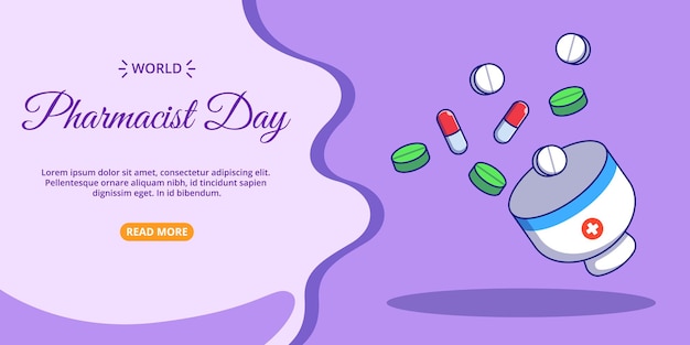 Vector flying medicines and mortar landing page template. world pharmacist day flat cartoon illustration.