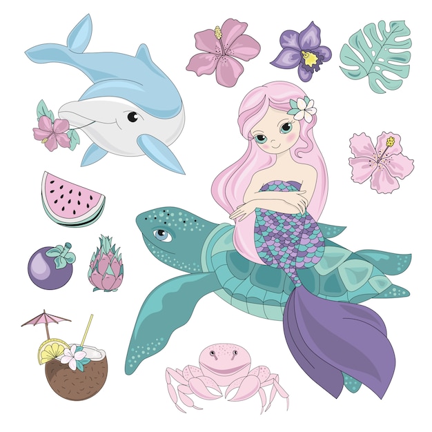 Vector flying mermaid sea animals underwater