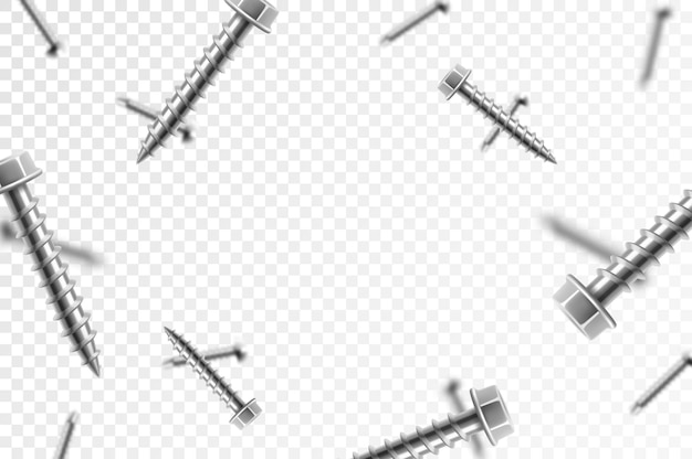 flying metal screws and bolts isolated on transparent background many silver falling concept