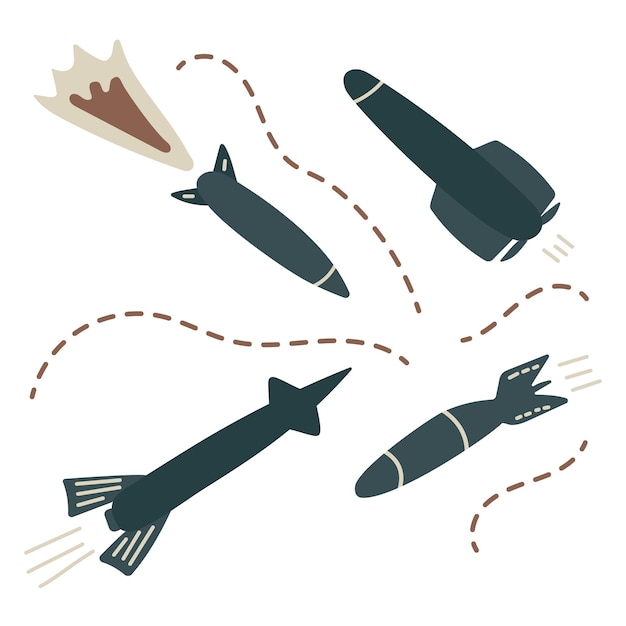 flying military missiles warheads active military operations hand drawn prints and doodle