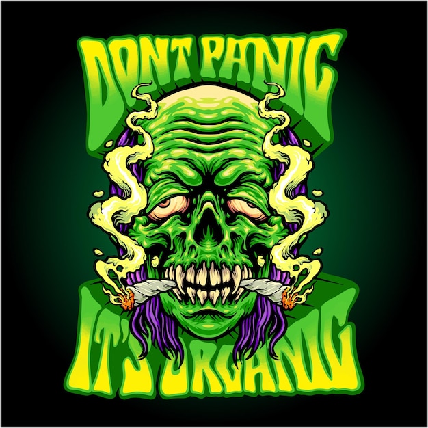 Flying old zombie che fuma cannabis con dont panic la sua illustrazione di parole organiche