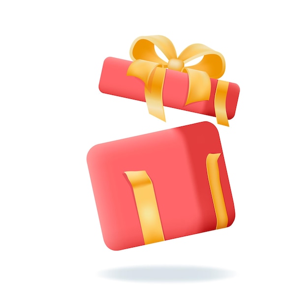 Flying open red gift box with gold ribbon bow 3d Vector icon for present birthday or wedding sale