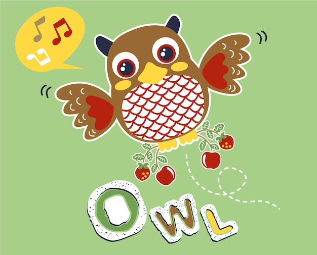 Flying owl cartoon with fruits