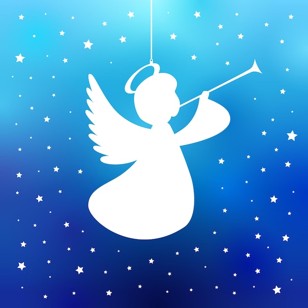 Vector flying paper angel with trumpet creative silhouette. isolated white angel. merry christmas card.