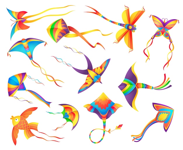 Flying paper kites decorated colorful ribbons set