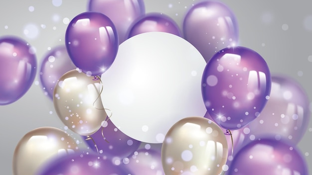 Вектор Летающие жемчужные и ультрафиолетовые воздушные шары со свободным пространством на бумажном баннере и размытое освещение блестят на фоне дня рождения с фиолетовыми воздушными шарами