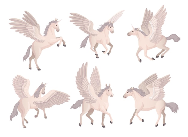 Flying pegasus Cartoon mythical horse with wings magical horses running poses animation fairy unicorn animal fairytale in clouds ingenious vector illustration of pegasus mythology mammal design