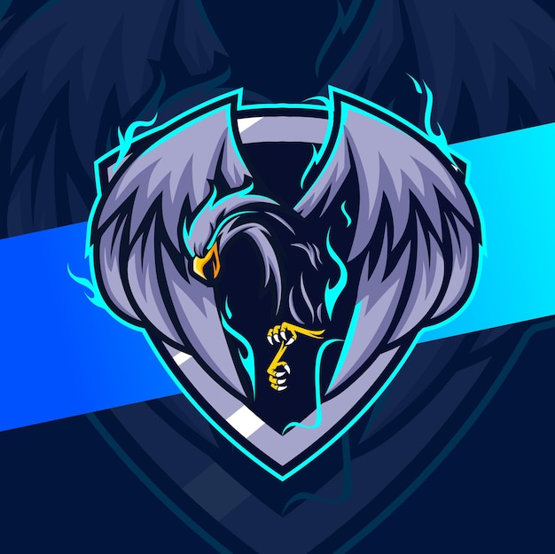 Flying phoenix eagle bird with blue fire mascot character esport design for gamer team and sport logo design