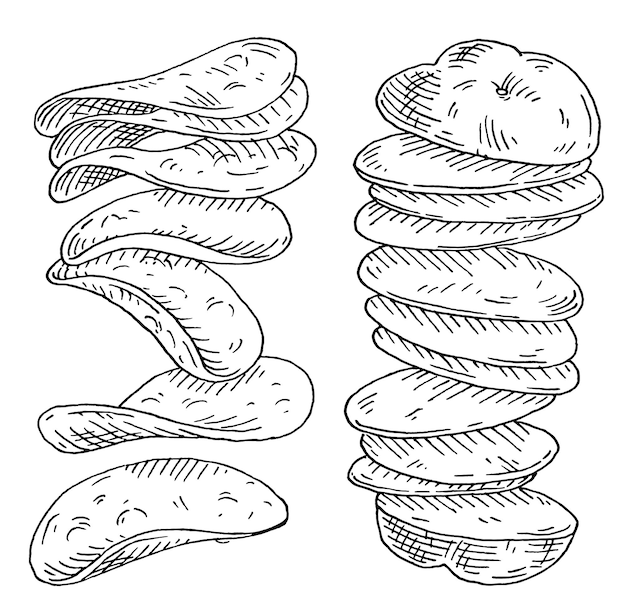 신선한 감자와 칩의 비행 조각 빈티지 벡터 검은 단색을 새기다