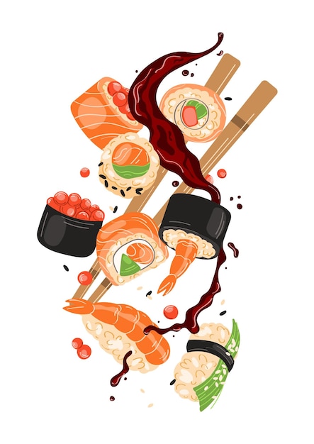 Flying pieces of sushi with wooden chopsticks, separated on a white background.
VECTOR