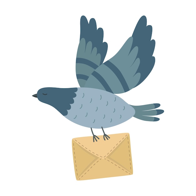 Flying post pigeon with a letter isolated on background. free dove with envelope. air mail delivery symbol. flat cartoon vector illustration. retro message sent.