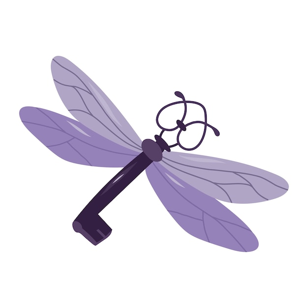 Vector flying purple key with wings.esoteric and mystical design element.vector hand drawn illustration.