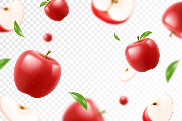 Flying red juicy apples Bright advertising background falling red apples realistic with