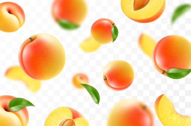 熟したアプリコットを飛ばす 鮮やかな広告の背景に 汁の多い甘い桃が落ちる 現実的なイラスト