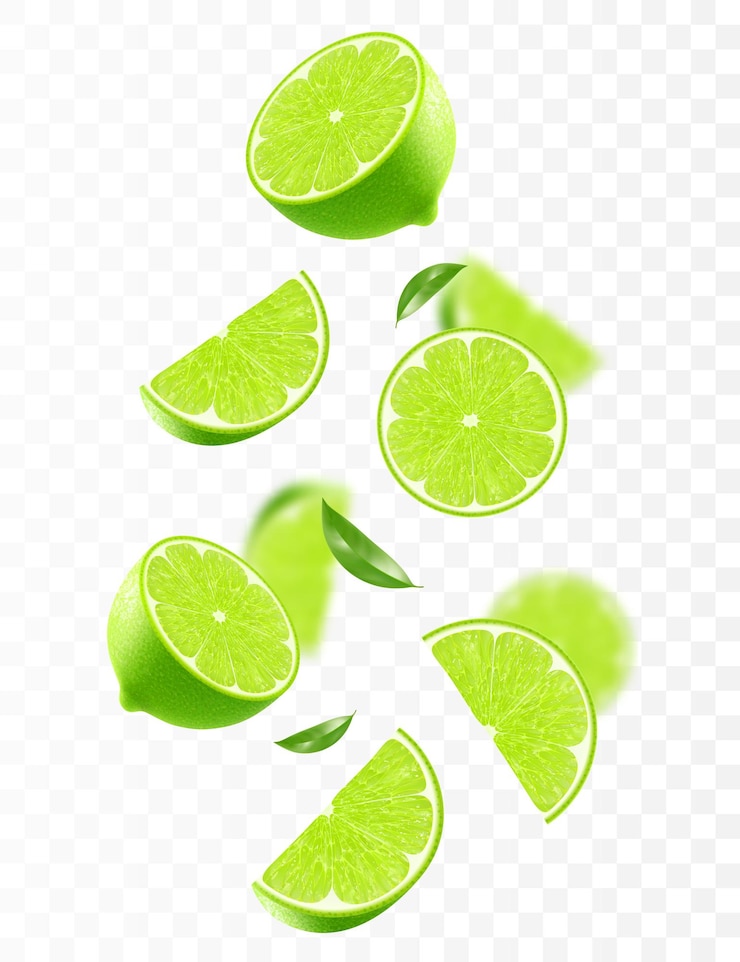 Vector flying ripe lime bright advertising background falling juicy green lime realistic illustration