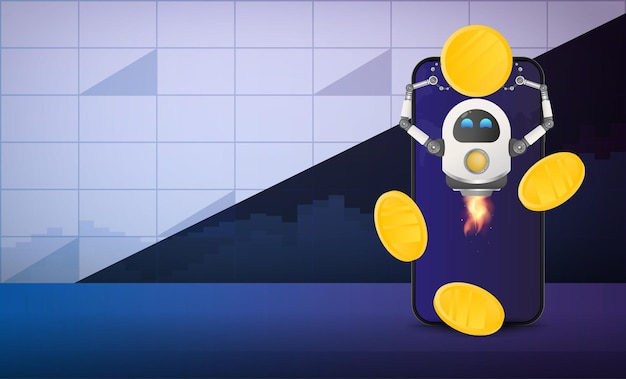 Flying robot holds a gold coin on the background of a mobile phone. banner with space for text. investment and capital increase concept. vector.