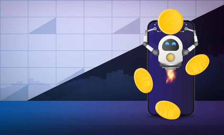 Vector flying robot holds a gold coin on the background of a mobile phone. banner with space for text. investment and capital increase concept. vector.