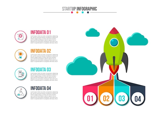 Flying Rocket with Flame and Clouds Abstract infographics number options template