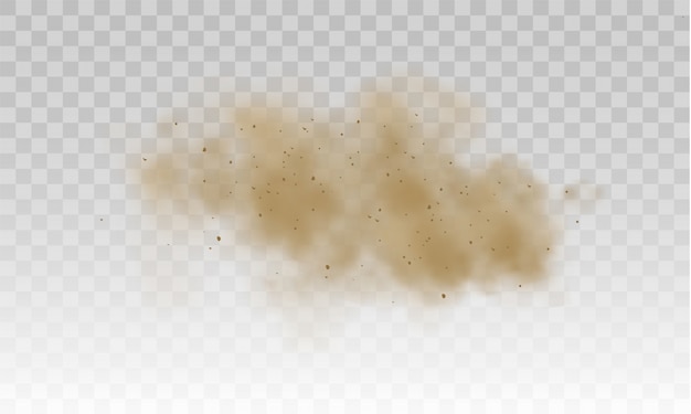 Vector flying sand. brown dusty cloud or dry sand flying with a gust of wind, sandstorm. dust cloud. scattering trail on track from fast movement. brown smoke realistic texture illustration.