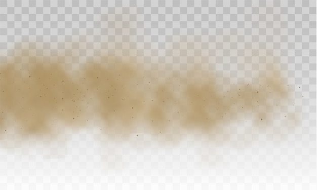 Vector flying sand. brown dusty cloud or dry sand flying with a gust of wind, sandstorm. dust cloud. scattering trail on track from fast movement. brown smoke realistic texture.