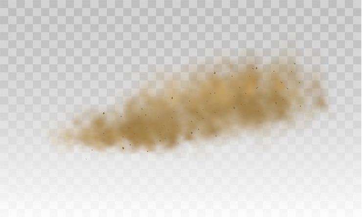 Vector flying sand. dust cloud. brown dusty cloud or dry sand flying with a gust of wind, sandstorm. brown smoke realistic texture illustration. scattering trail on track from fast movement.