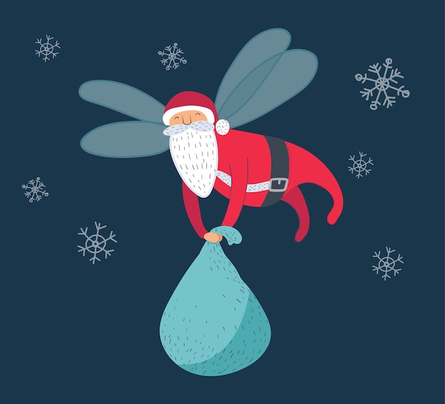 Flying Santa carrying bag, Christmas vector illustration, funny cartoon character with wings