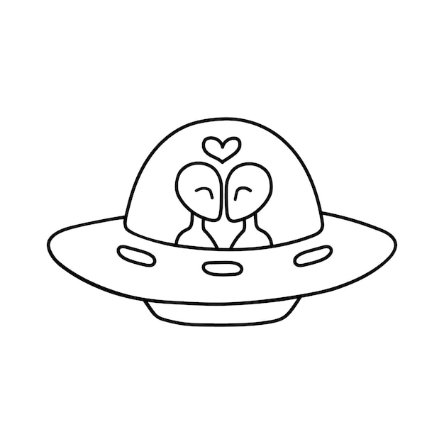 Flying saucer with aliens in love in doodle style  ufo contour vector drawing unidentified