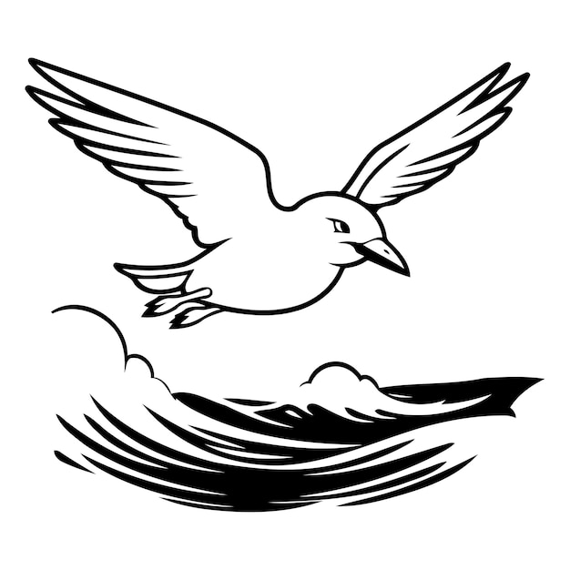 Vector flying seagull on the sea vector illustration in cartoon style