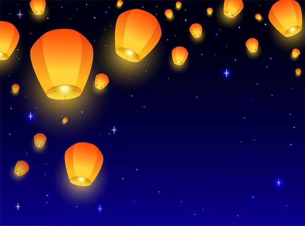 Vector flying sky lanterns horizontal banner background diwali festival midautumn festival or chinese