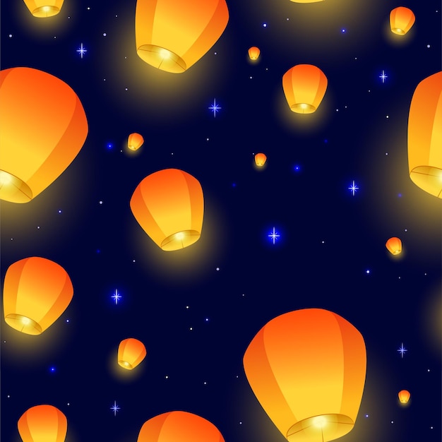 Vector flying sky lanterns seamless pattern diwali festival mid autumn festival or chinese festive