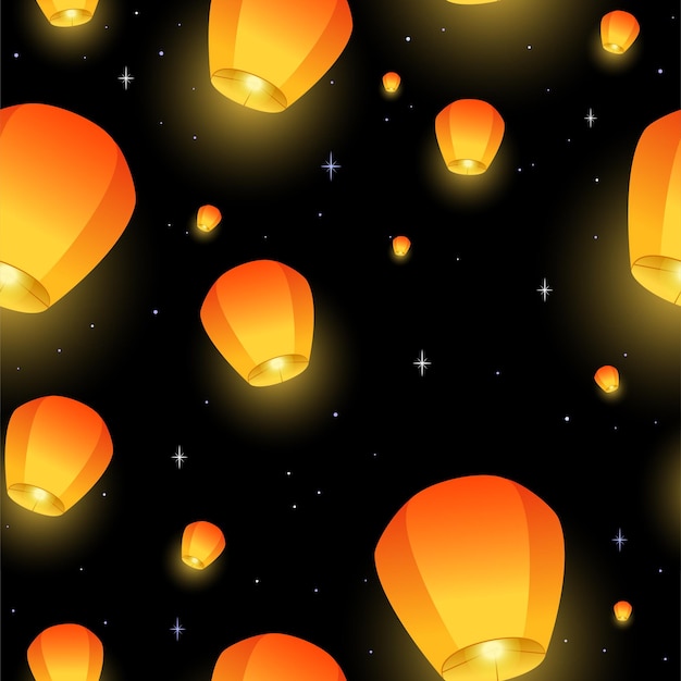 Flying Sky lanterns seamless pattern Diwali festival Mid Autumn Festival or Chinese festive