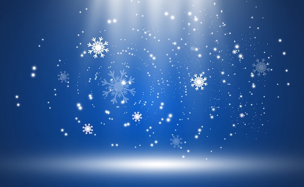 Flying snow on a transparent background, snowfall or blizzard.