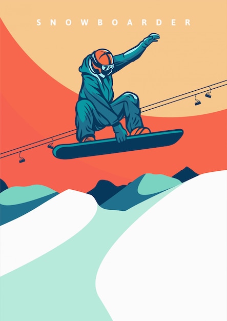 Vector flying snowboarding vintage poster