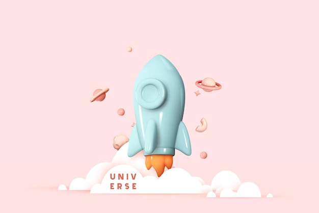 Flying space rocket in space around the planets. spaceship launch. rocket 3d icon. realistic creative conceptual symbols. logo ship. launch business product on market. vector illustration