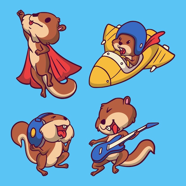 Flying squirrels, squirrels boarding planes, squirrels listen to music and squirrels play guitar animal logo mascot illustration pack