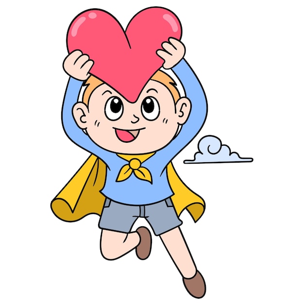 Flying superhero boy carrying valentine heart, vector illustration art. doodle icon image kawaii.