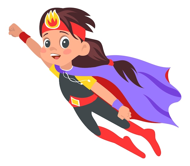 Vector flying superhero kid girl in action pose cartoon character