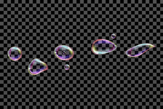 Vector flying transparent soap bubbles of different shapes on a checkered background