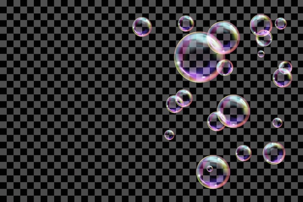 Vector flying transparent soap bubbles of different shapes on a checkered background