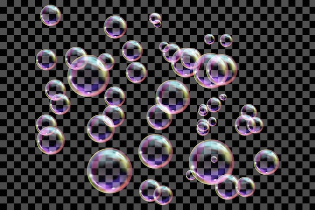 Vector flying transparent soap bubbles.