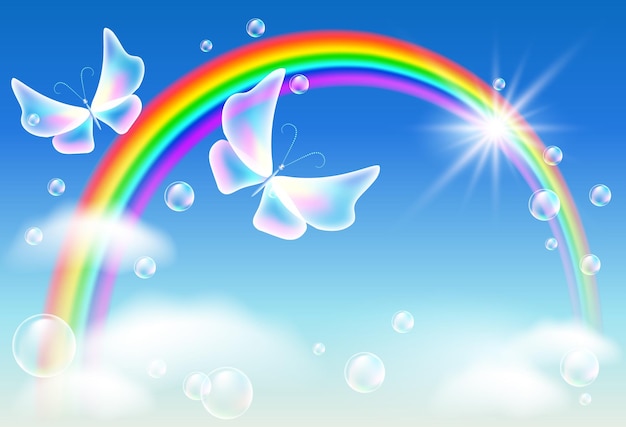 Flying two transparent butterflies in the sky with rainbow and clouds