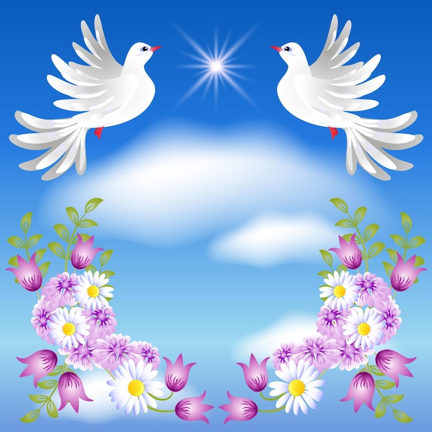 Flying two white doves in the sky and flowers