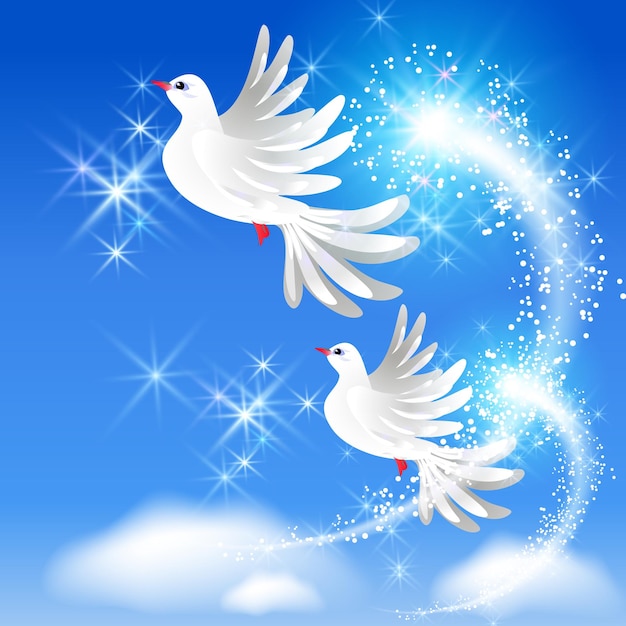 Flying two white doves in the sky and sparkling salute