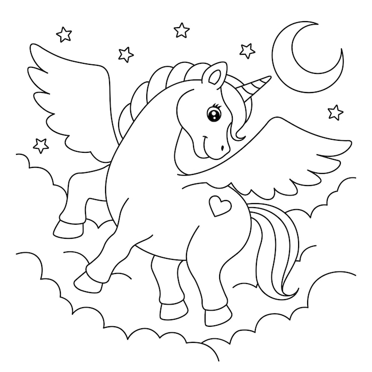 Vector flying unicorn coloring page for kids