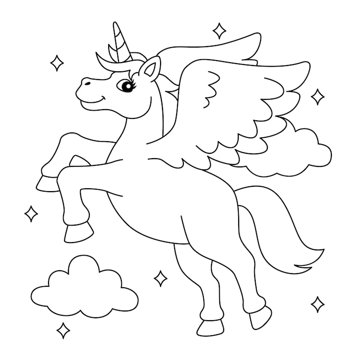 Vector flying unicorn coloring page for kids