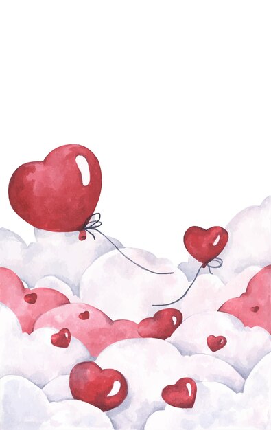Flying valentines red heart balloons on the sky. love and romance card. watercolor illustration.