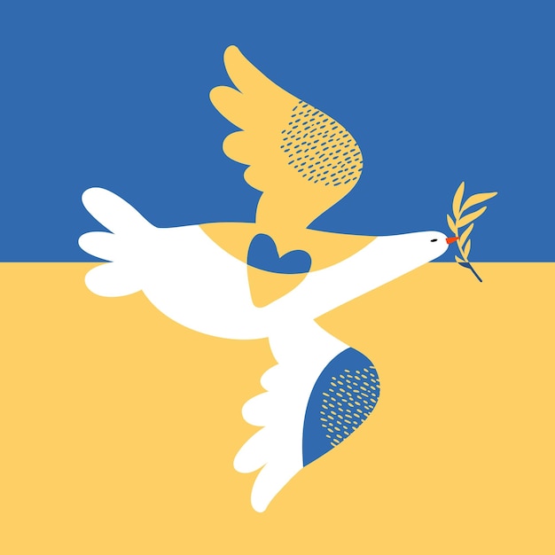 Flying white dove with olive branch on background of the Ukrainian flag Pigeon symbol of peace