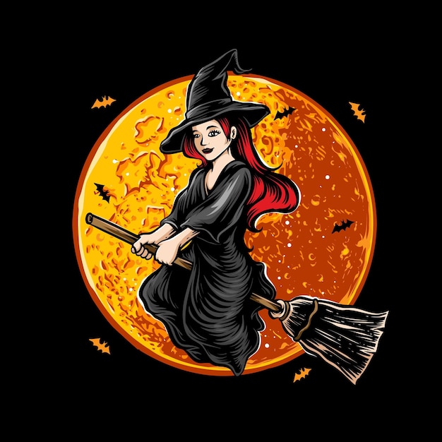 Flying witch with moon halloween vector