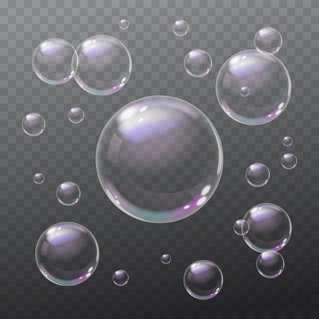 Foam set flying soap bubbles transparent backdrop