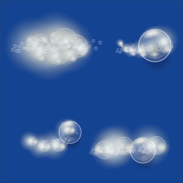 Foam with soap in the form of clouds on a blue background in four versions Shampoo and foam vector illustration